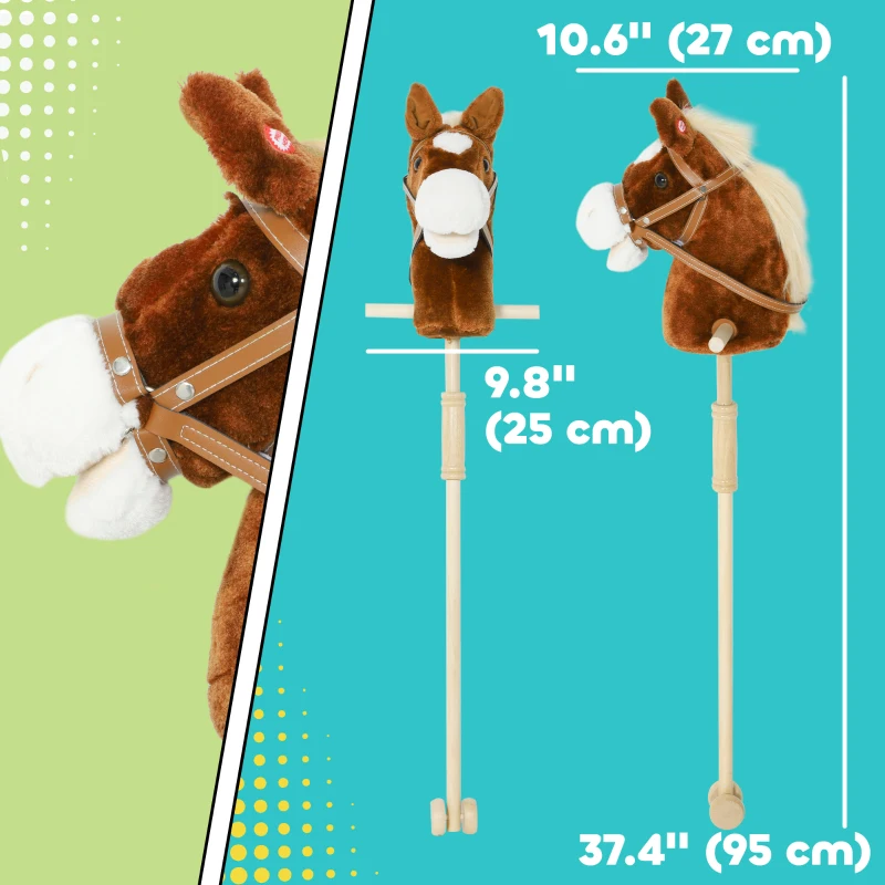 Qaba Unicorn Stick Horse, Plush Hobby Horse with Wood Wheels, Real Pony Neighing and Galloping Sounds, for Kids, Brown