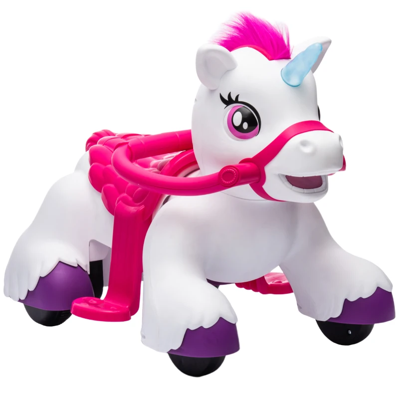 Qaba 12V Unicorn Ride on Horse with Carrot Toy, Comb, Animal Sounds, for Girls Boys Aged 1.5-3 Years Old