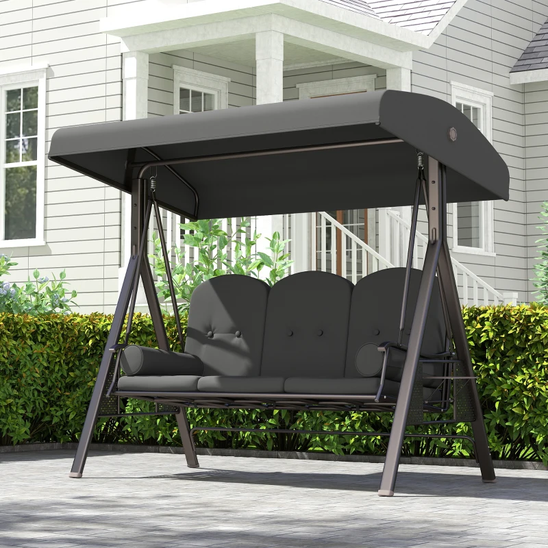 Outsunny Outdoor Patio 3-Person Steel Canopy Cushioned Seat Bench Swing with Included Side Trays & Padded Comfort, Dark Grey