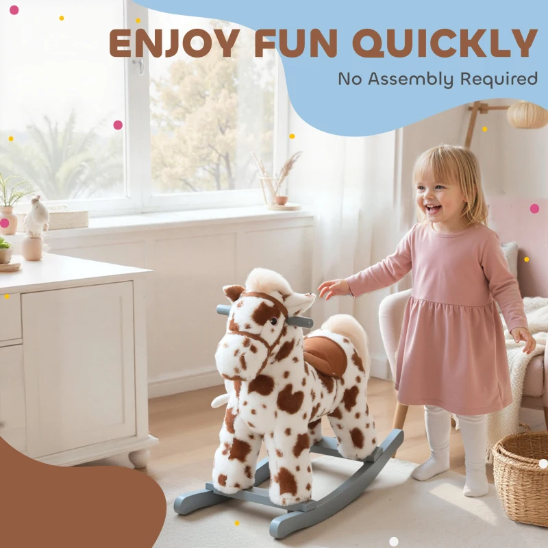 Qaba Rocking Horse, Animal Rocker with Rabbit Toy and Realistic Neigh for Toddlers, Soft Filling Ride on Pony, Brown