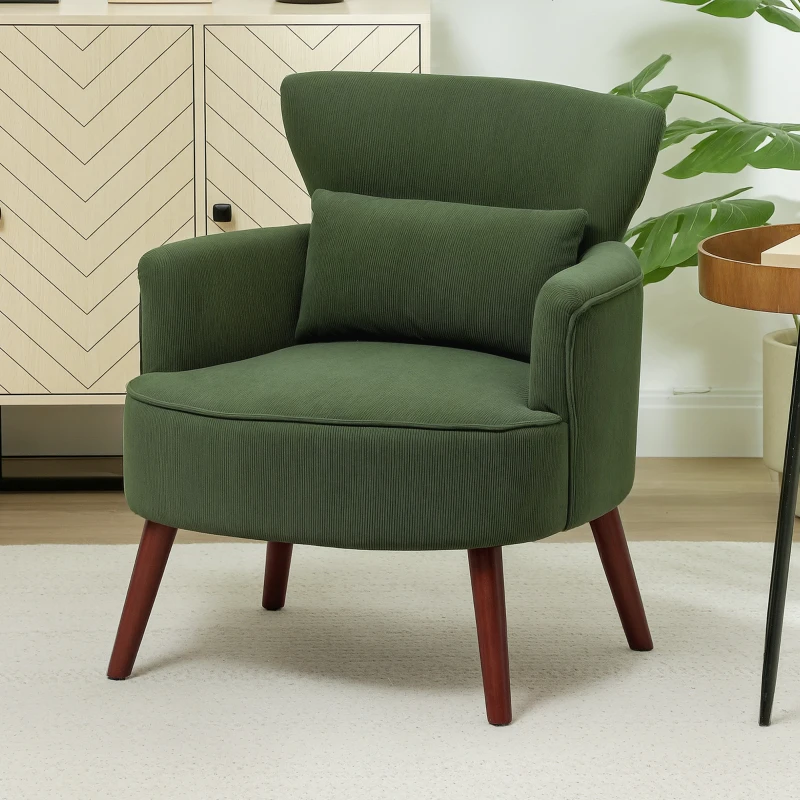 HOMCOM Modern Accent Chair, Upholstered Armchair with Solid Wood Legs and Lumbar Pillow for Living Room, Green
