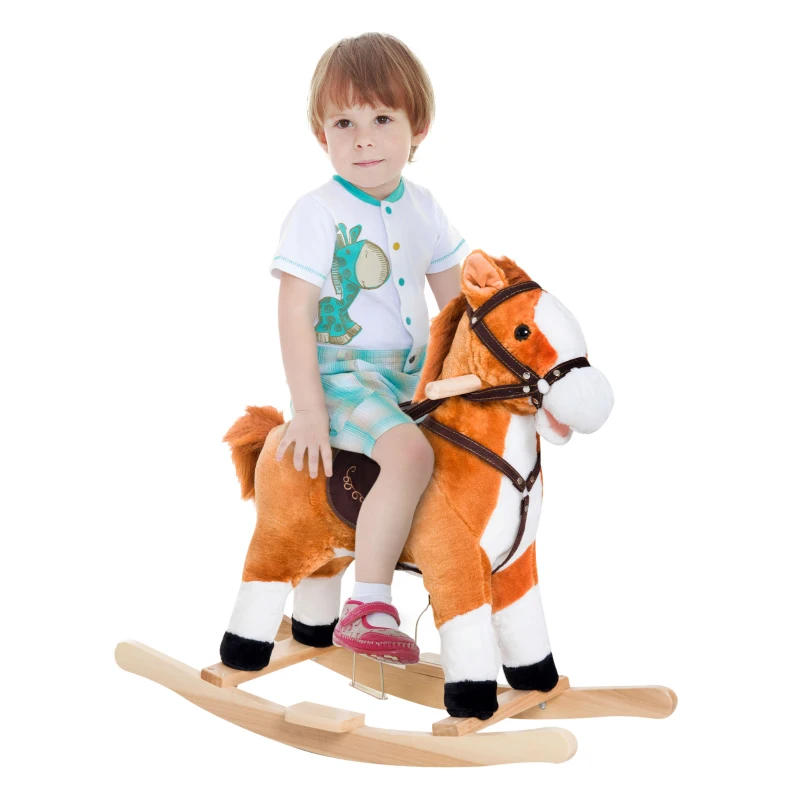 Qaba Kids Plush Rocking Horse Child Ride On Toy Rocker with Realistic Sounds Brown