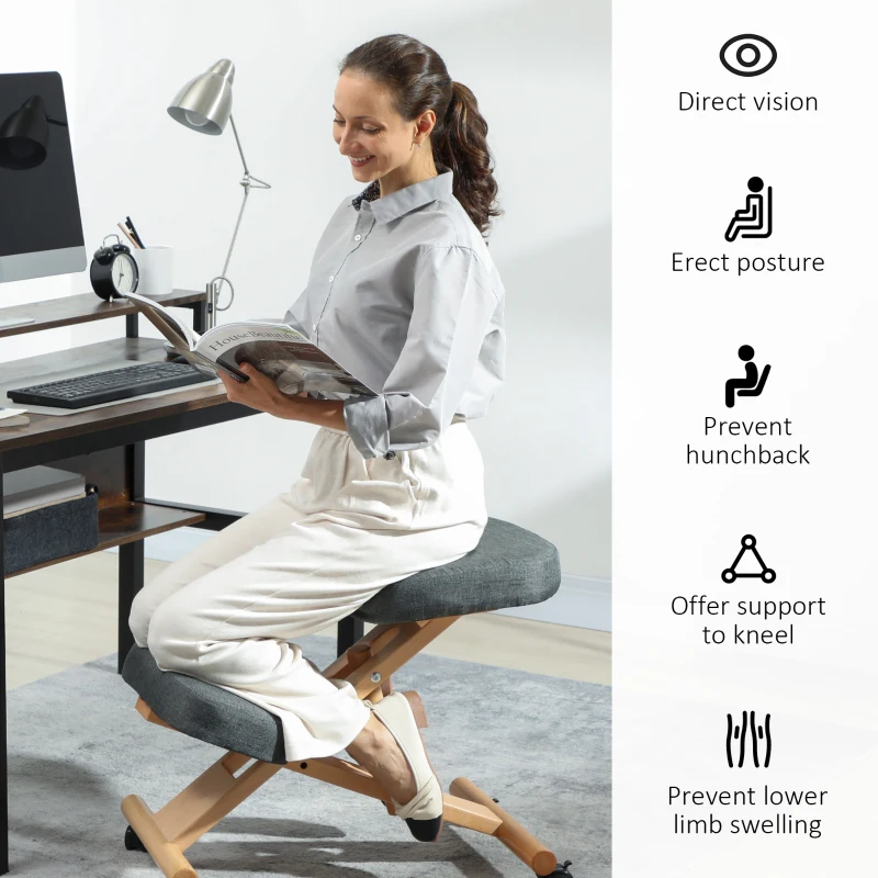 HOMCOM Ergonomic Kneeling Chair, Posture Chair with Rubberwood Frame, Wheels for Office, Posture Correction, Dark Grey
