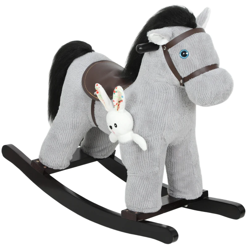 Qaba Kids Rocking Horse, Plush Toddler Ride on Toy with Realistic Neigh and Toy for 2–5 Years Old, Gray