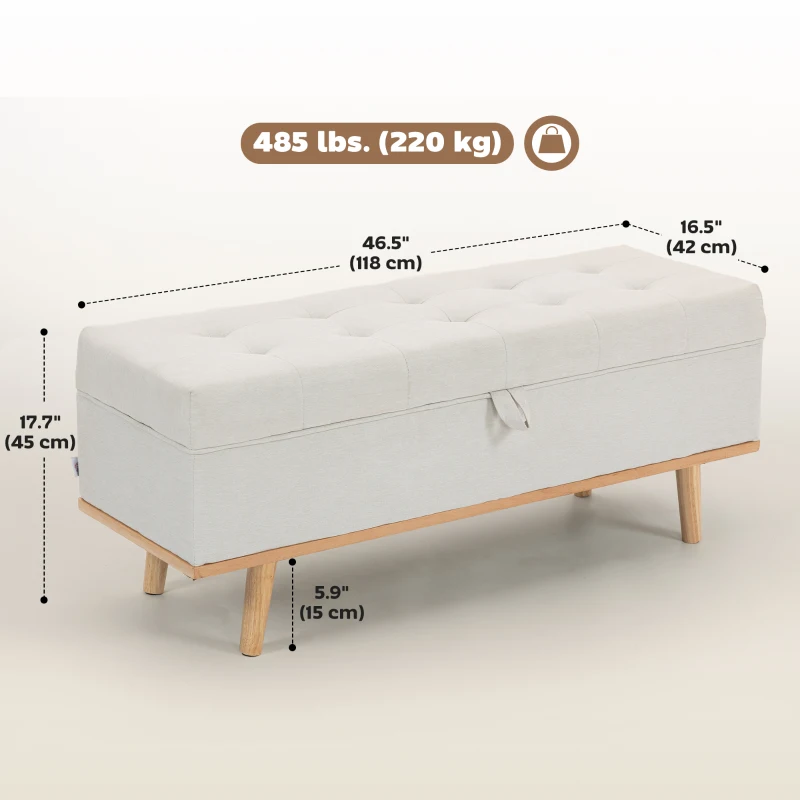 HOMCOM Storage Ottoman Bench, Foot Rest with Lift-Up Lid and Wood Legs, Linen Storage Chest for Living Room, Cream White