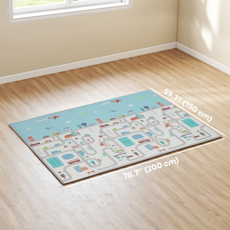 Qaba Foldable Baby Plat Mat, 79" x 59" Kids Floor Mat for Crawling and Learning, Track & Elephant Theme