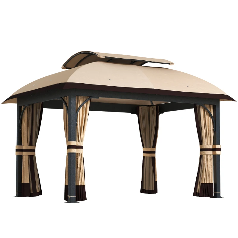 Outsunny 11' x 13' Patio Gazebo, Double Roof Outdoor Gazebo Canopy with Netting & Curtains, Galvanized Metal Frame, Khaki