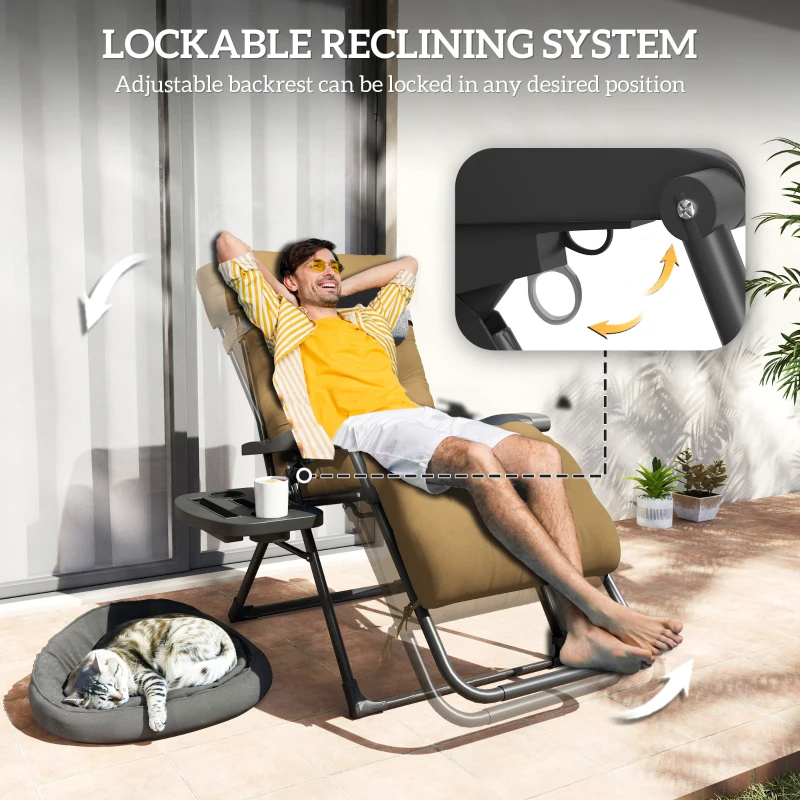Outsunny Padded Folding Recliner Chair, Patio Lounger with Cupholder, Adjustable Backrest, Removable Cushion, Light Khaki