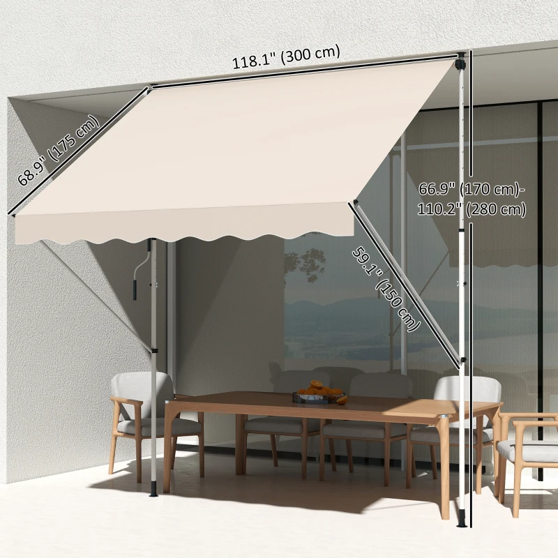 Outsunny 10x5ft Manual Retractable Awning, Patio Sun Shade Canopy Shelter with 5.6-9.2ft Support Pole, Water Resistant UV Protector, for Window, Door, Porch, Deck, Beige