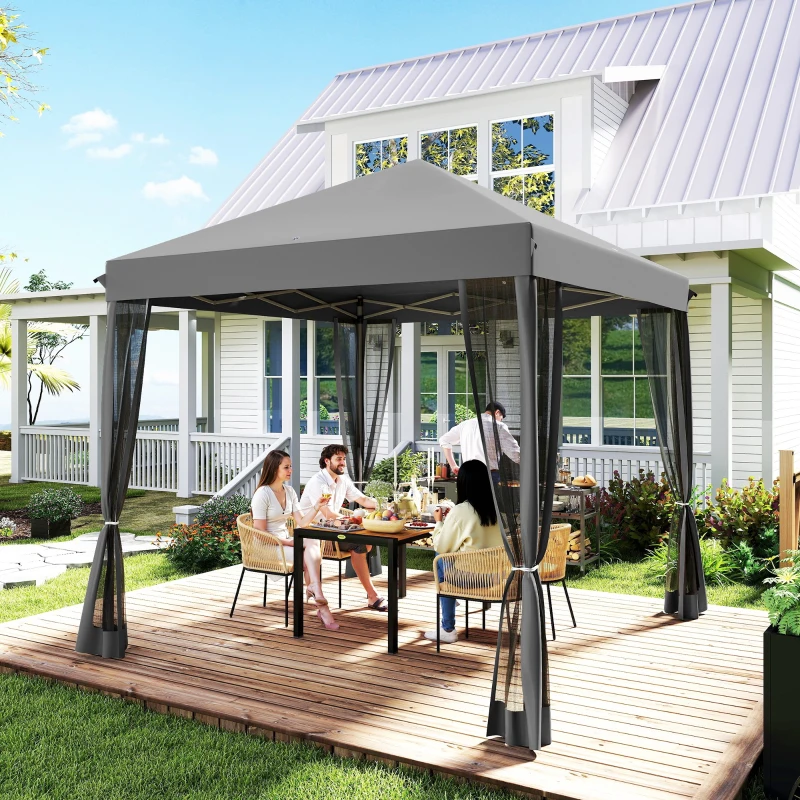 Outsunny 10' x 10' Pop Up Canopy Tent Gazebo with Removable Mesh Sidewall Netting, Carry Bag for Backyard Patio Outdoor, Light Grey