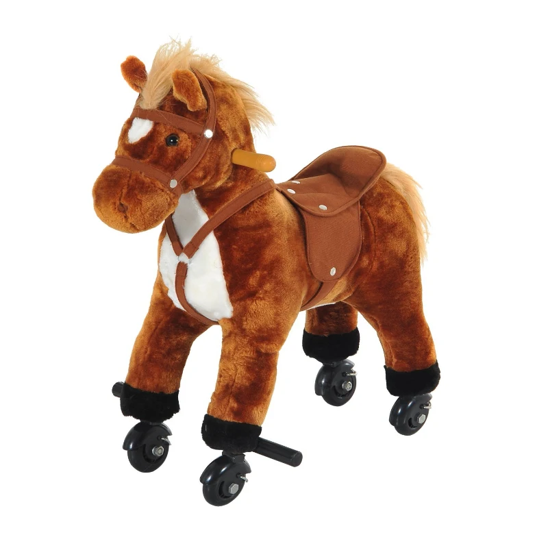 Qaba Kids Interactive Plush Mechanical Walking Ride On Horse Toy with Wheels, Brown