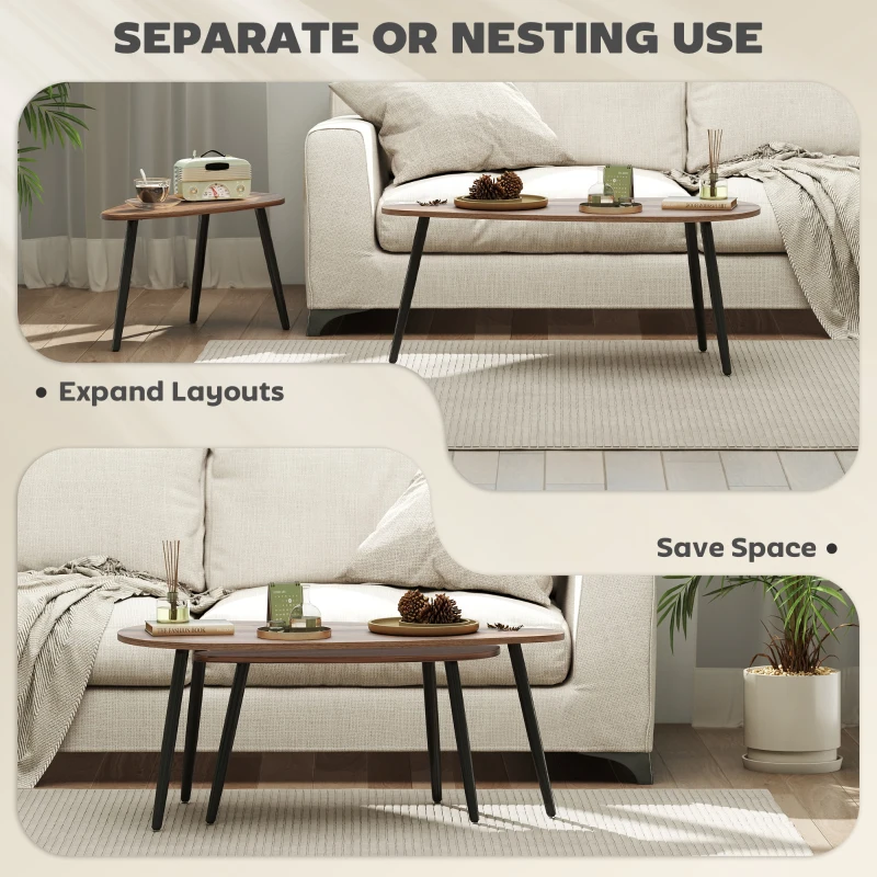 HOMCOM 2 Pieces Coffee Table Set for Living Room, Industrial Nest of Tables with Steel Legs, Brown