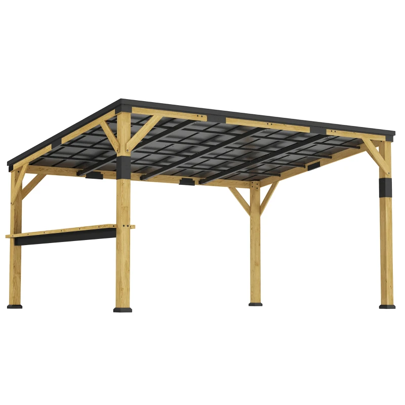 Outsunny 10' x 14' Wooden Gazebo, Hardtop Lean-to Gazebo Pergola with Galvanized Steel Sloped Roof, Bar Shelf, Natural Wood