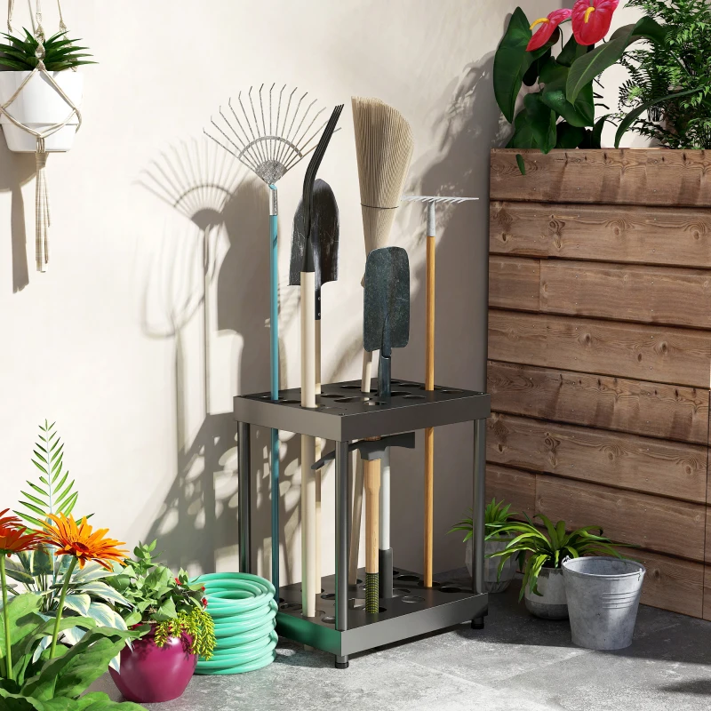 Outsunny Garden Tool Storage Rack, Up to 16 Tools, Heavy-Duty Metal Yard Tool Organizer for Garage Organization and Storage