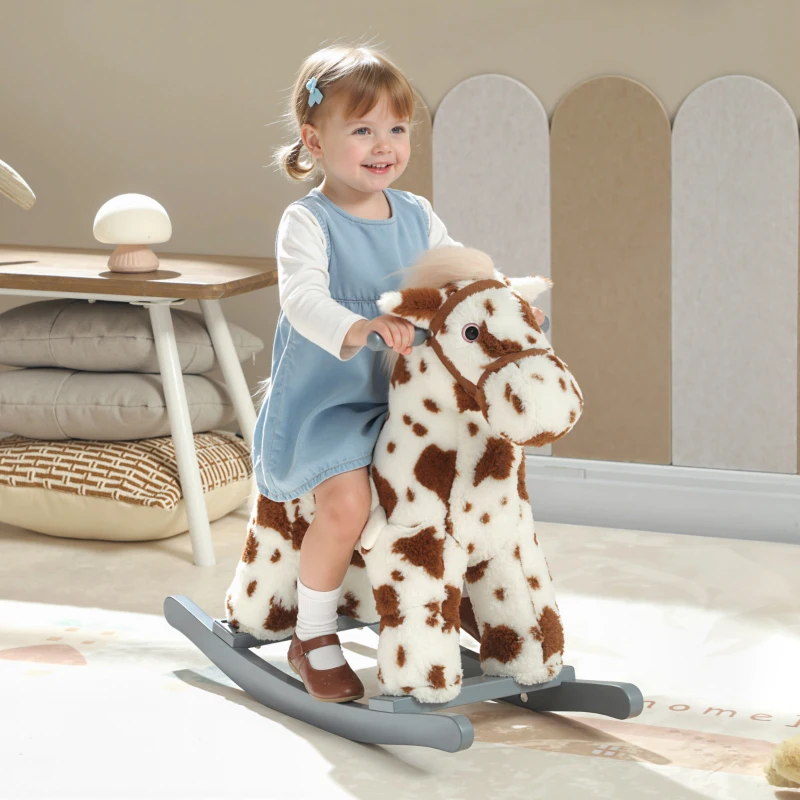 Qaba Rocking Horse, Animal Rocker with Rabbit Toy and Realistic Neigh for Toddlers, Soft Filling Ride on Pony, Brown