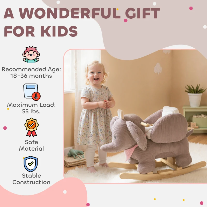 Qaba Baby Rocking Horse with Seat, Kids Ride On Toy with Realistic Elephant Sound and Safety Belt for 18 to 36 Months, Pink
