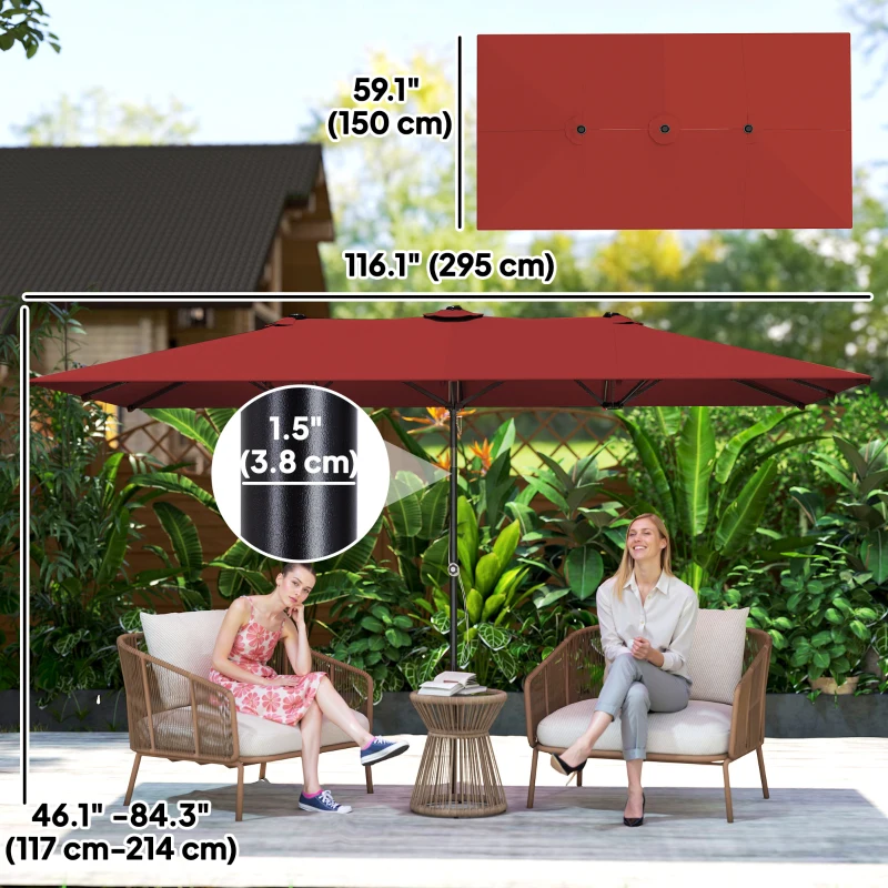 Outsunny Double-Sided Patio Umbrella Parasol with Tilt, Adjustable Height, Vents and 12 Ribs, for Garden, Deck, Pool, Wine Red