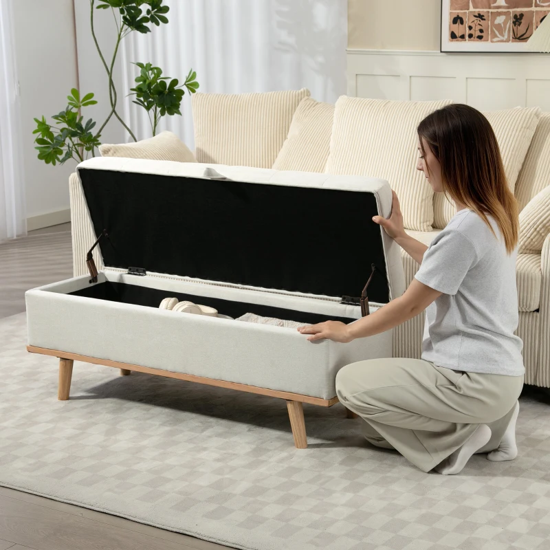 HOMCOM Storage Ottoman Bench, Foot Rest with Lift-Up Lid and Wood Legs, Linen Storage Chest for Living Room, Cream White