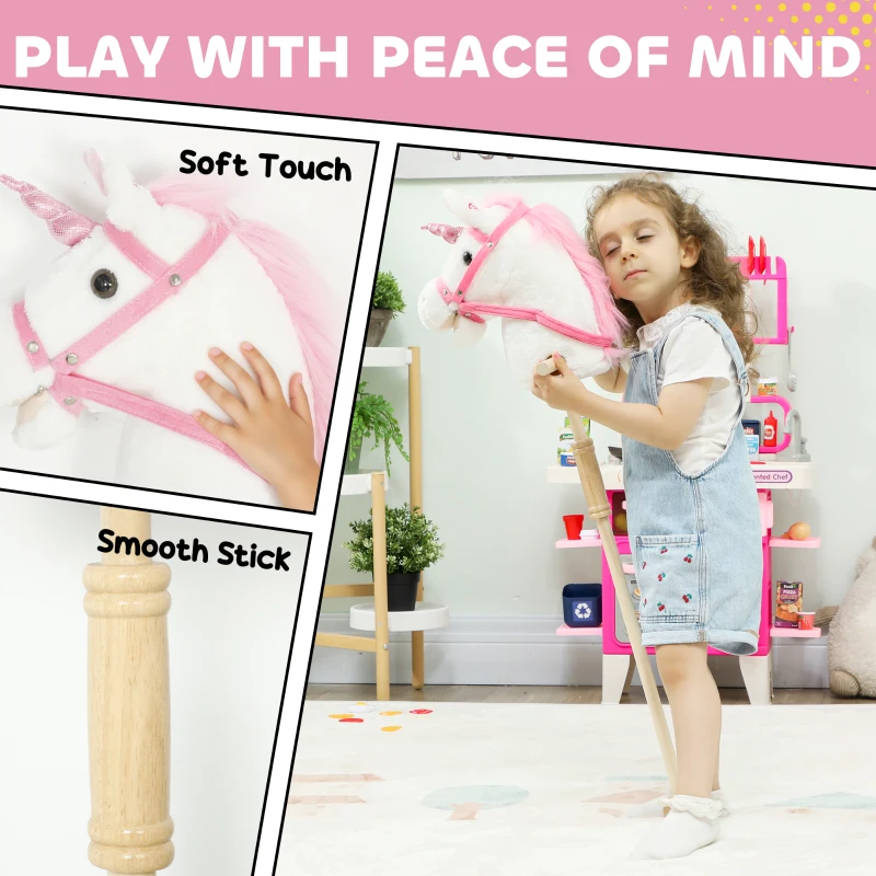 Qaba Unicorn Stick Horse, Plush Hobby Horse with Wood Wheels, Real Pony Neighing and Galloping Sounds, for Kids, White