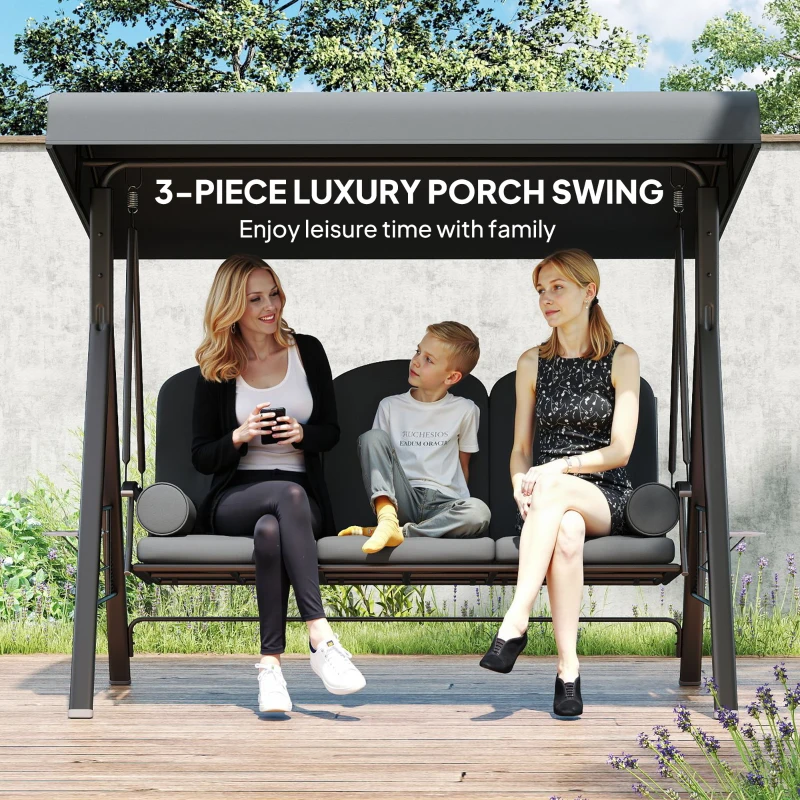 Outsunny Outdoor Patio 3-Person Steel Canopy Cushioned Seat Bench Swing with Included Side Trays & Padded Comfort, Dark Grey