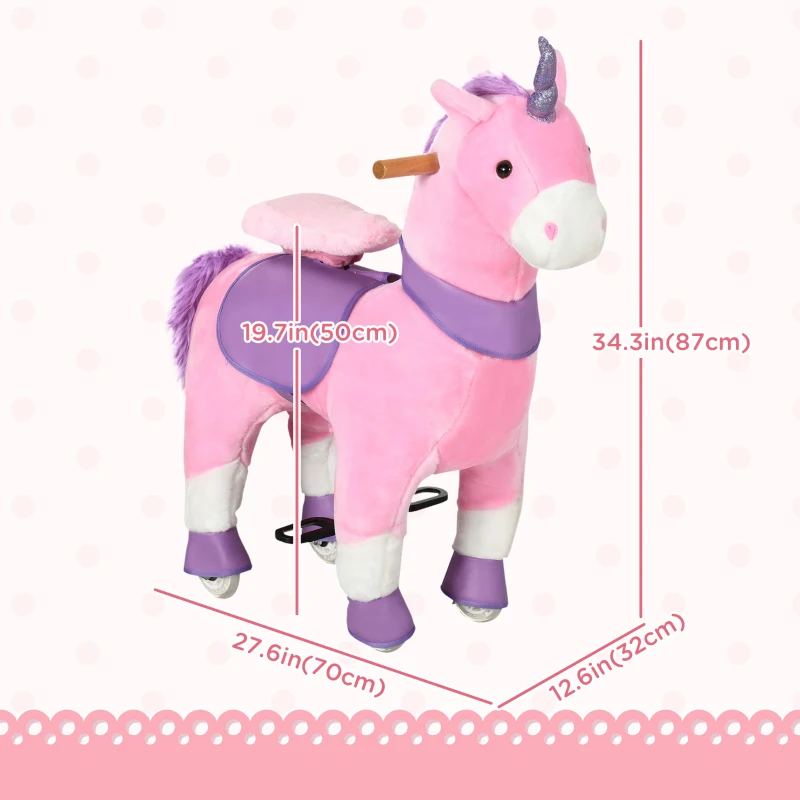 Qaba Ride On Unicorn Walking Horse Mechanical Pony Toy with Wheels Gift for 3-6 Years Girls Boys Pink