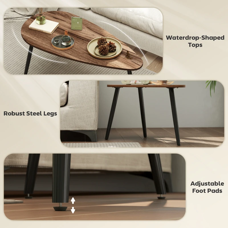 HOMCOM 2 Pieces Coffee Table Set for Living Room, Industrial Nest of Tables with Steel Legs, Brown