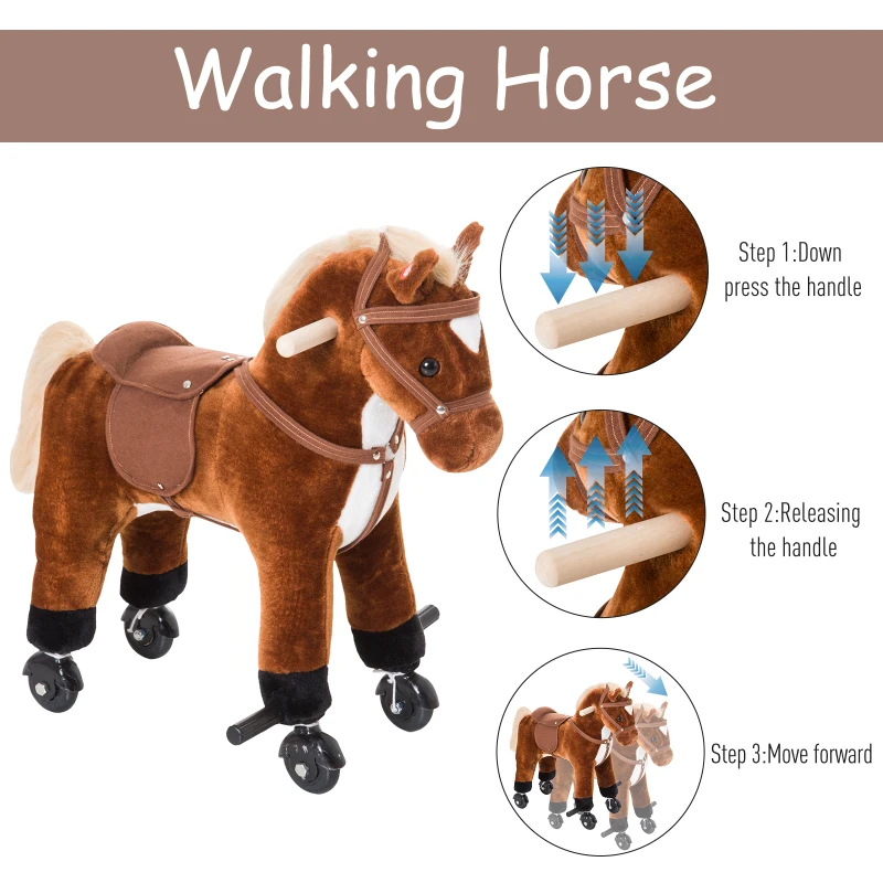 Qaba Kids Interactive Plush Mechanical Walking Ride On Horse Toy with Wheels, Brown