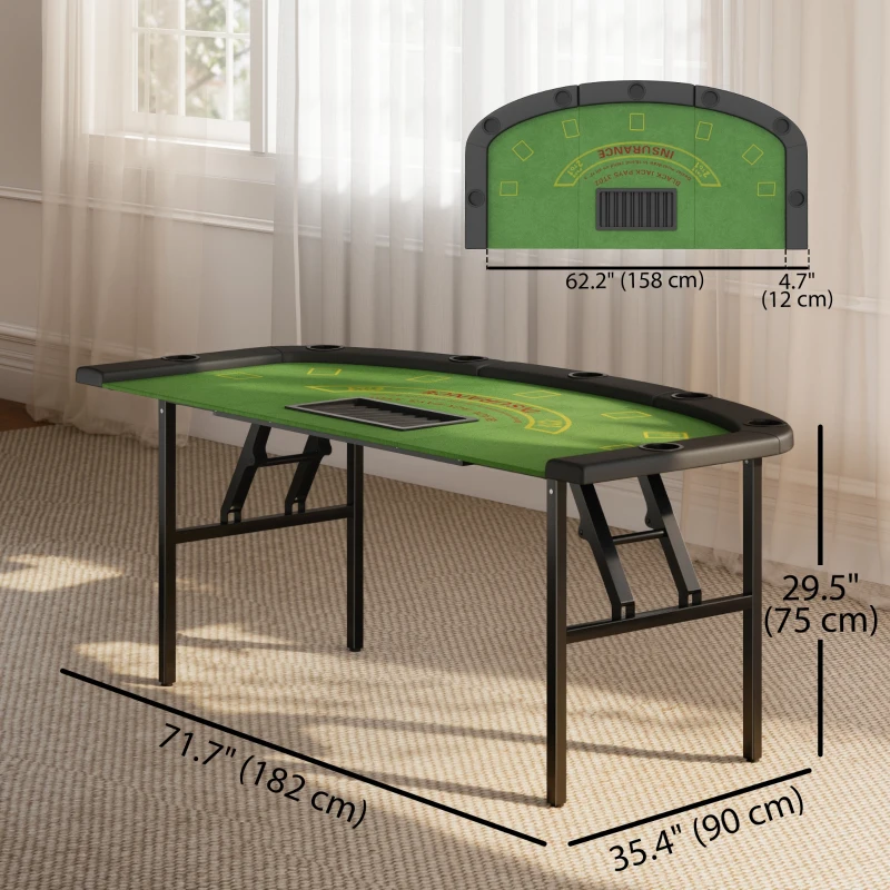Soozier Poker Table Foldable, 72" 8 Player Casino Leisure Blackjack Texas Holdem Poker Table with 7 Cup Holders, Green