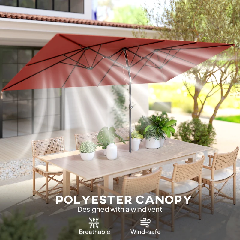 Outsunny Double-Sided Patio Umbrella Parasol with Tilt, Adjustable Height, Vents and 12 Ribs, for Garden, Deck, Pool, Wine Red