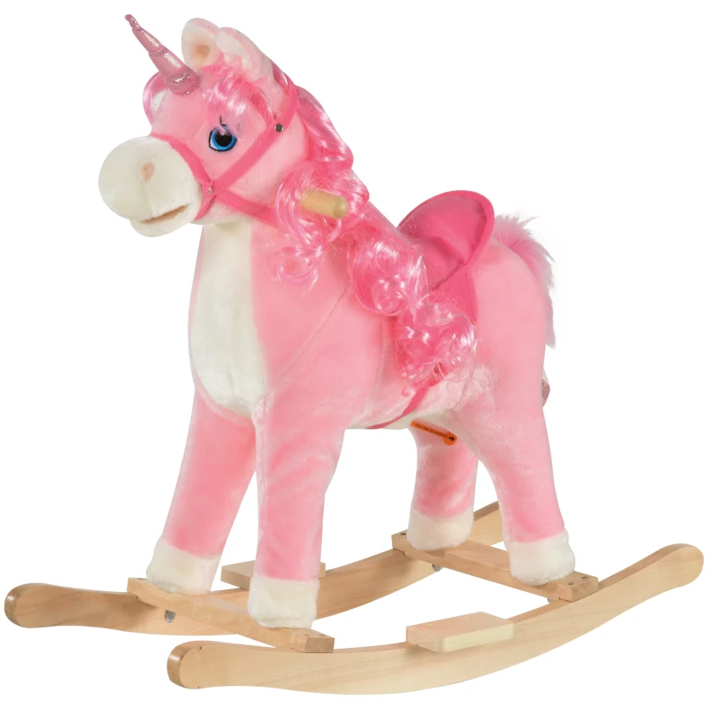 Qaba Kids Rocking Horse, Ride on Unicorn with Wooden Base, Tail Wag & Sounds for Toddlers 3-6 Years Old, Pink