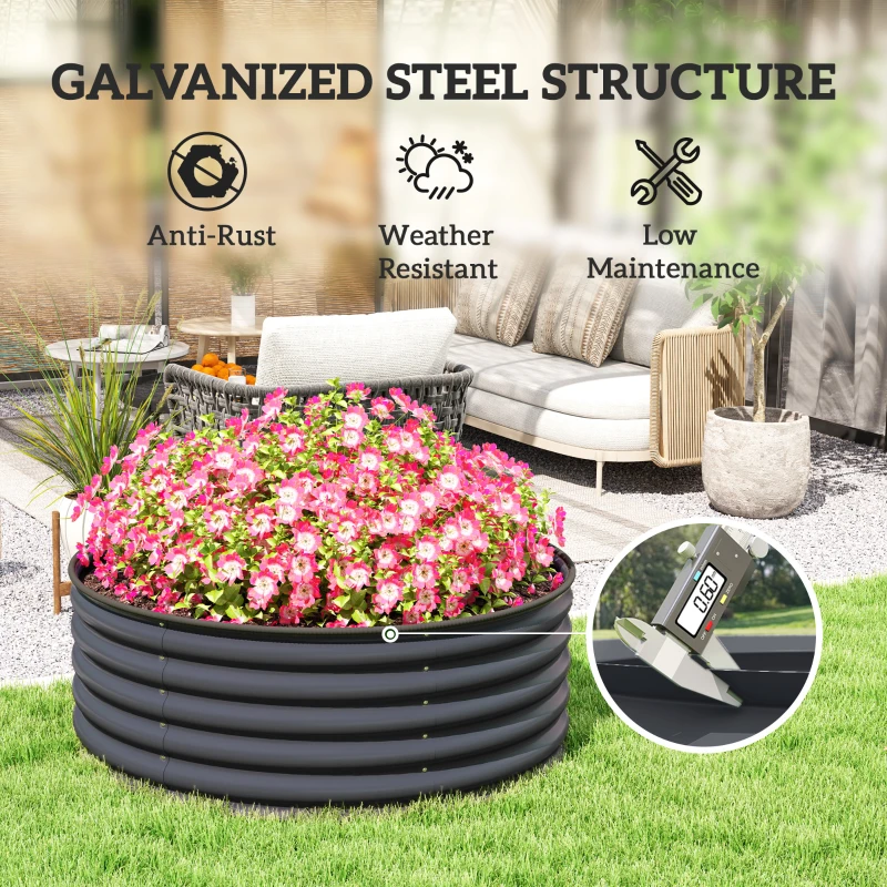 Outsunny Galvanized Raised Flower Bed, 4 x 4 x 1.5 ft Outdoor Metal Raised Bed with Safety Edging and Gloves, Dark Grey
