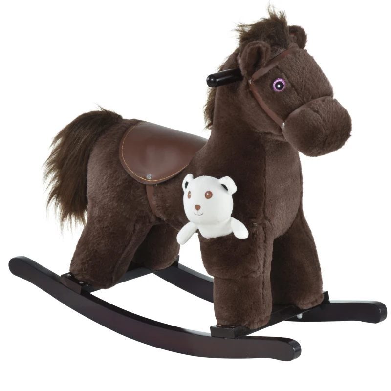 Qaba Kids Rocking Horse Plush Animal on Wooden Rockers with Sounds, Wooden Base and Bear Toy, Baby Rocking Chair, Brown