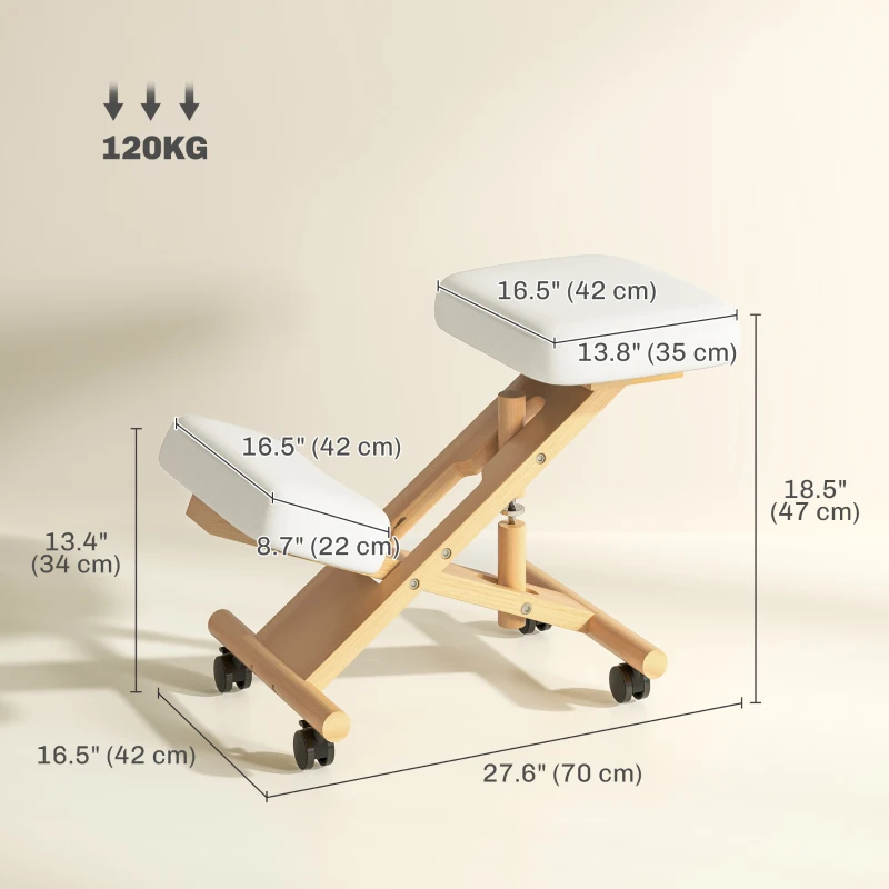 HOMCOM Ergonomic Kneeling Chair, Posture Chair with Rubberwood Frame, Wheels for Office, Posture Correction, Cream White