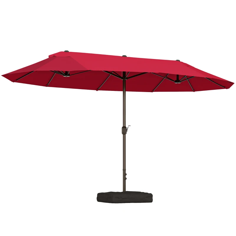 Outsunny 15' Outdoor Patio Umbrella with Twin Canopy Sunshade Steel Table Umbrella with Lift Crank, Cross base, Sandbag, Wine Red