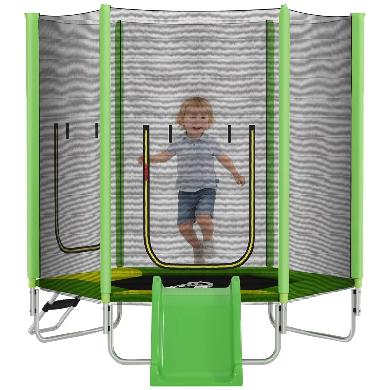 Qaba 85" Trampoline for Kids with Safety Enclosure, Toddler Trampoline with Slide Ladder for Ages 3+, Green