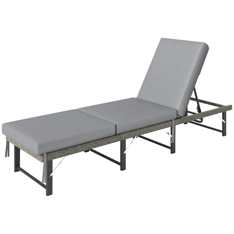 Outsunny Folding Outdoor Lounge Chair, Wicker Chaise Lounge Tanning Chair with Cushion for Beach, Poolside, Garden, Grey