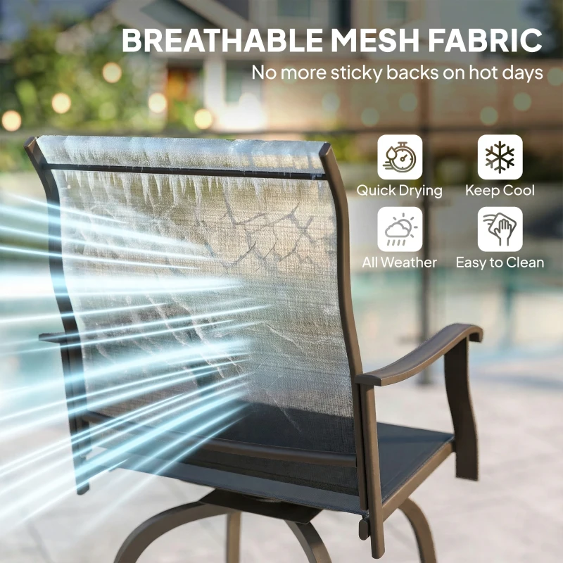 Outsunny Outdoor Bar Stools Set of 2, Swivel Bar Height Chairs with High Back, Curved Armrests and Steel Frame for Balcony, Brown