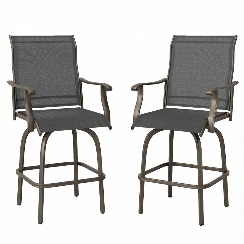 Outsunny Outdoor Bar Stools Set of 2, Swivel Bar Height Chairs with High Back, Curved Armrests and Steel Frame, Black