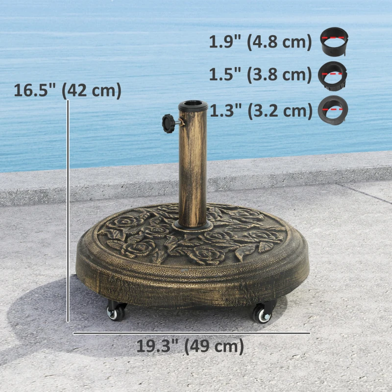 Outsunny 46 lbs Resin Round Patio Umbrella Base, Umbrella Stand with Wheels, Outdoor Umbrella Stand for 1.3"/1.5"/1.9" Umbrella Poles for Outdoor, Lawn, Poolside, Bronze