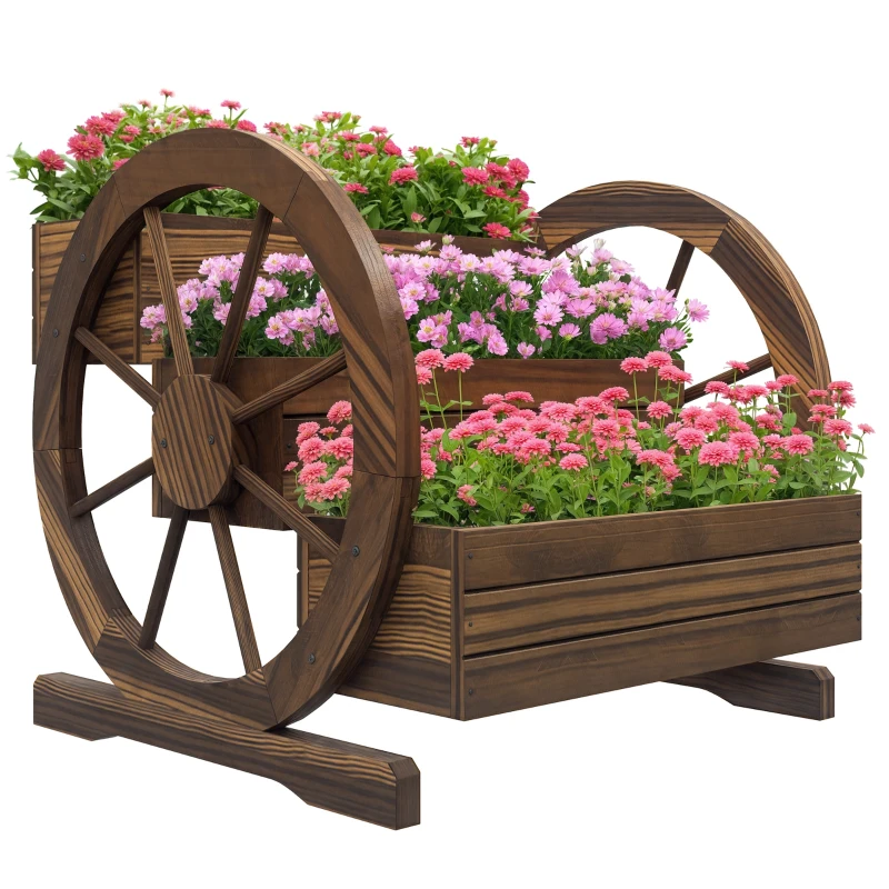 Outsunny Wooden Wagon Planter Box, 3-Tier Raised Garden Bed, for Vegetables Flowers Herbs, 24" x 24" x 22", Carbonized