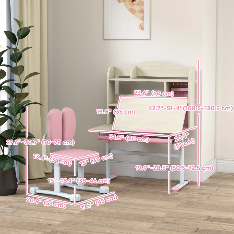 Qaba Kids Desk and Chair Set with Tilt Desktop, Adjustable Height, Drawer and Shelves for Boys Girls Ages 3-12, Pink