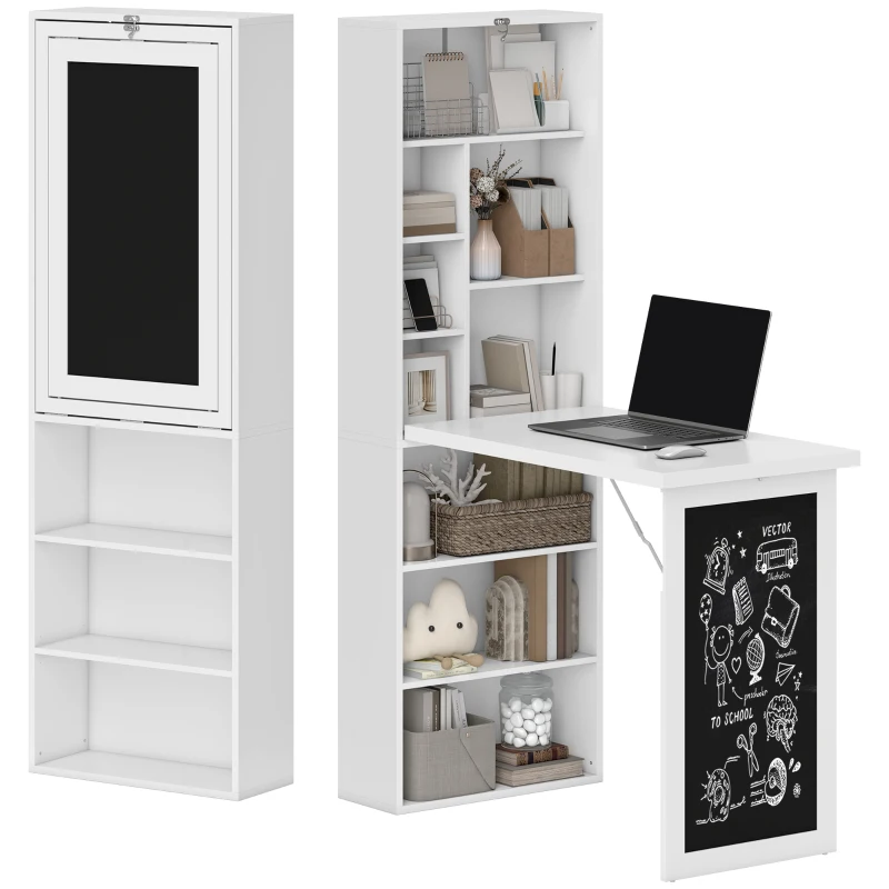 HOMCOM Fold-out Convertible Office Desk, Wall Mount Computer Desk with Blackboard and Side Shelf, White