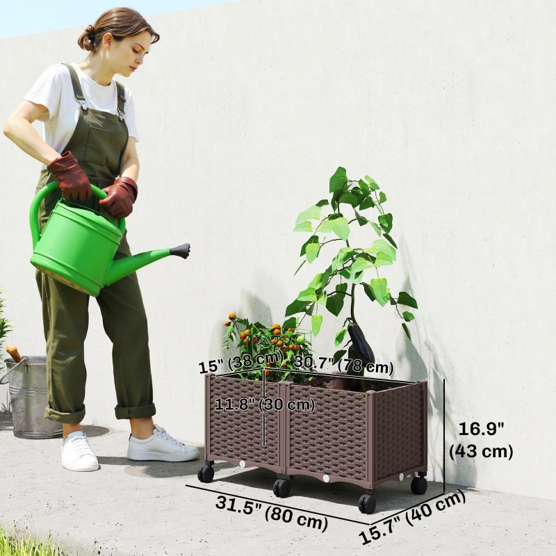 Outsunny Plastic Raised Garden Bed, Indoor Outdoor Self Watering Planter Box with Drainage Holes and Plugs for Flowers
