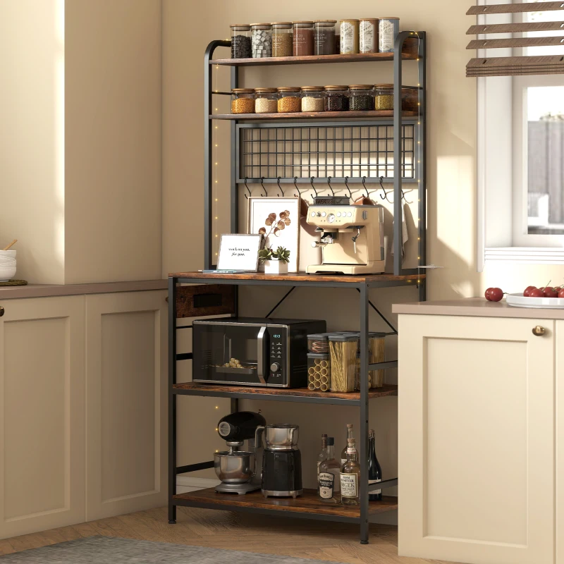 HOMCOM Kitchen Baker's Rack with Power Outlet and LED Light, 5-Tier Coffee Bar Station with 10 Hooks, Rustic Brown