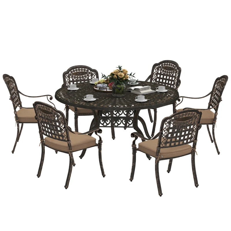 Outsunny 7 Pieces Outdoor Dining Set for 6, Aluminum Patio Table and Chairs Furniture Set with Umbrella Hole, Cushions, Bronze