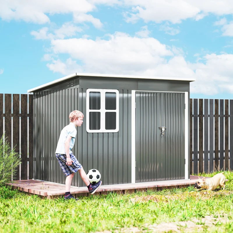Outsunny 8.5' x 6' Galvanised Steel Outdoor Storage Shed, Garden Shed with Window, Lockable Wide Doors and Air Vents, Grey