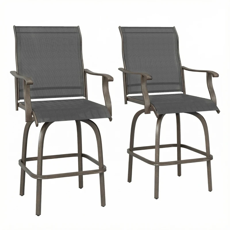 Outsunny Outdoor Bar Stools Set of 2, Swivel Bar Height Chairs with High Back, Curved Armrests and Steel Frame, Black