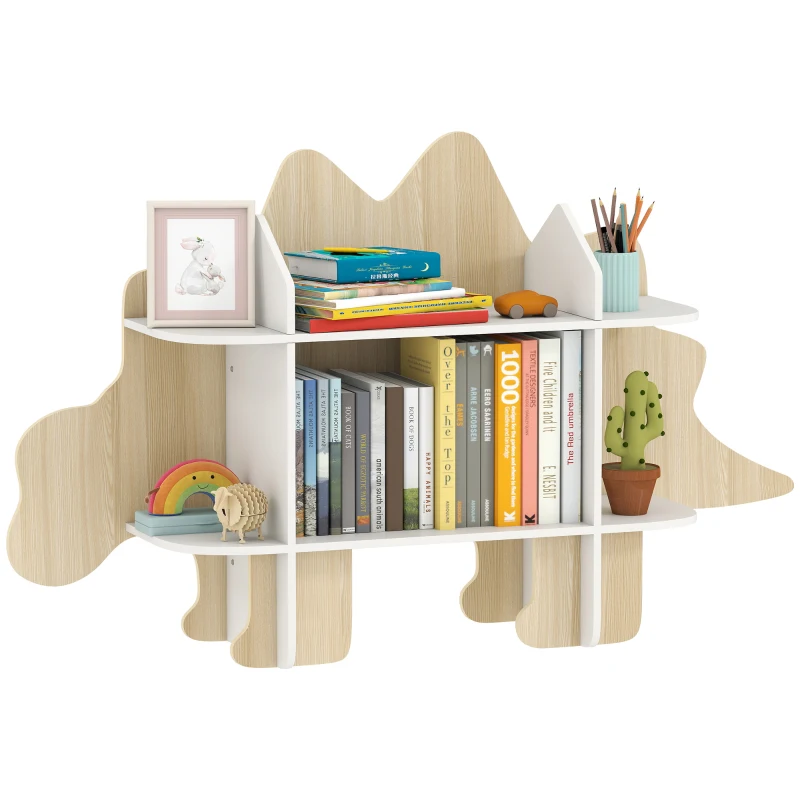 Qaba Dinosaur Themed Kids Bookshelf, 2 Tier Kids Bookcase, for Playroom, Bedroom, Living Room, Kids Room, Natural