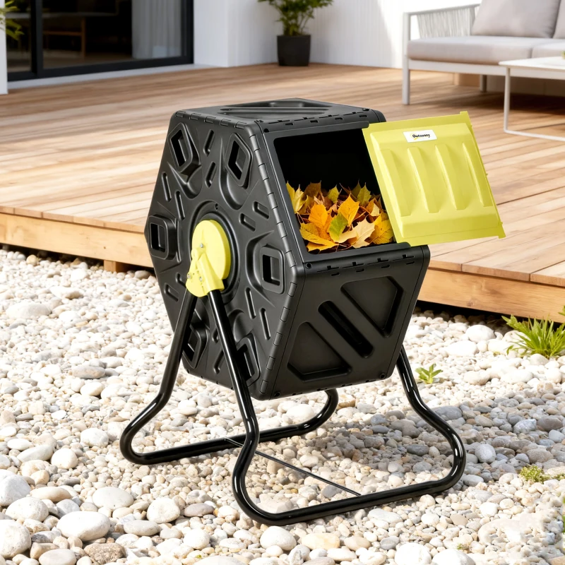 Outsunny Rotating Composter, Compost Bin with 24 Vents and Steel Legs, 17 Gallon, Yellow