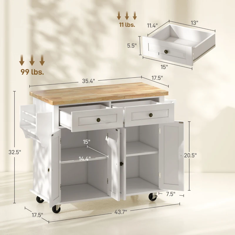 HOMCOM Kitchen Island Cart with Rubber Wood Top, Rolling Kitchen Island Table on Wheels with Drawers, Adjustable Shelves, Spice Rack and Towel Rack for Dining Room, White